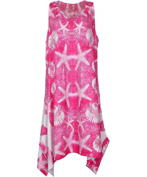 Cover-Ups Women's Shark Bite Hem Cover-Up Dress with Shell Design and Gems- One Size - Pink - C817Z2WI5AK