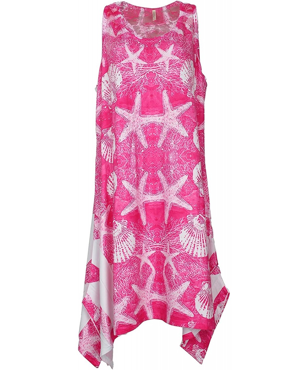 Cover-Ups Women's Shark Bite Hem Cover-Up Dress with Shell Design and Gems- One Size - Pink - C817Z2WI5AK