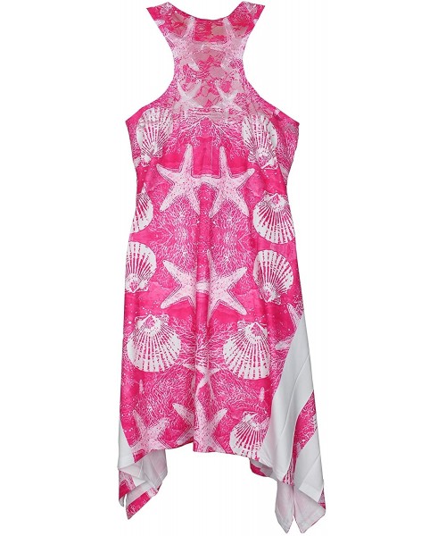 Cover-Ups Women's Shark Bite Hem Cover-Up Dress with Shell Design and Gems- One Size - Pink - C817Z2WI5AK