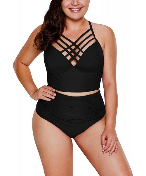 Sets Women's Strappy Hollow Out Floral Swimwear Plus Size High Waist Bikini Sets - Black3 - CH190N5IYD0