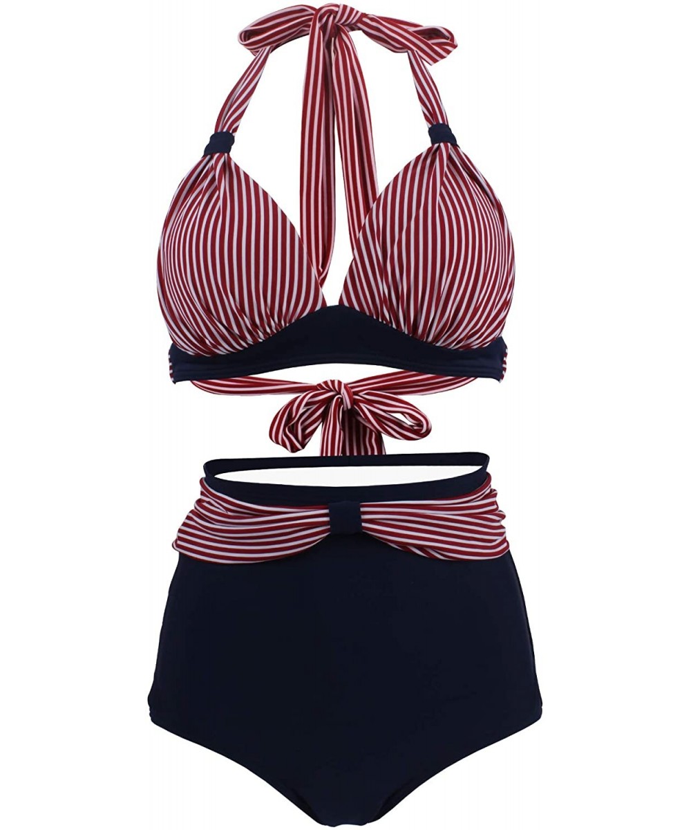 Sets Women's Vintage Polka Dot High Waisted Bathing Suits Bikini Set - Red Stripes - C818TRA29TE