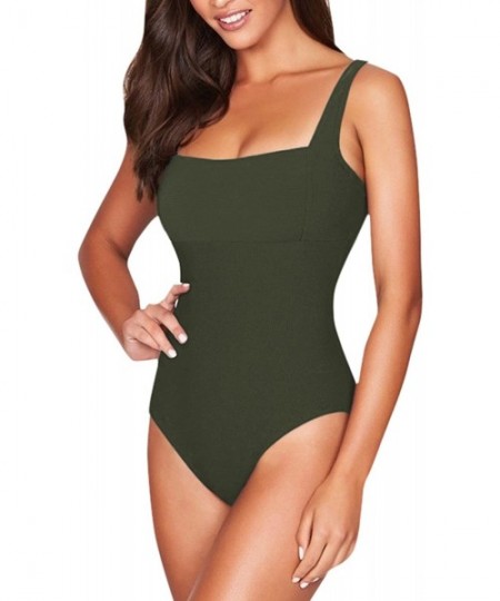 One-Pieces Womens Square Neck Cheeky High Cut One Piece Bathing Suit Swimsuit - F-army Green - CJ18DA0DKQ5