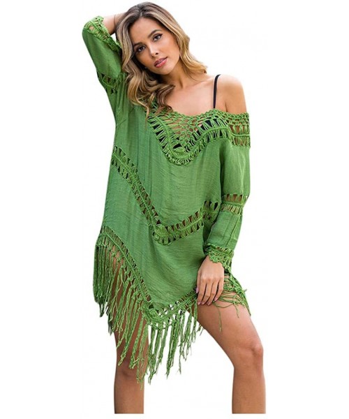 Cover-Ups Women's Crochet Swimsuit Cover Up Hollow Out Flare Sleeve Beach Swimwear Tassel Cardigan - 116-green - CT194K8G0KH