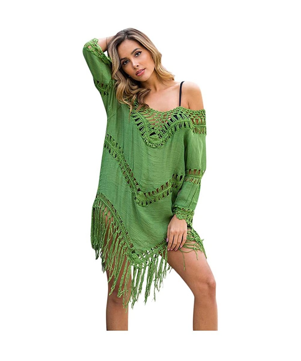 Cover-Ups Women's Crochet Swimsuit Cover Up Hollow Out Flare Sleeve Beach Swimwear Tassel Cardigan - 116-green - CT194K8G0KH