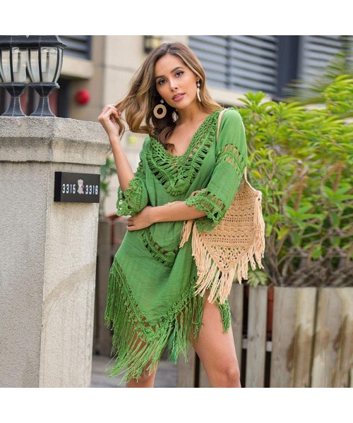 Cover-Ups Women's Crochet Swimsuit Cover Up Hollow Out Flare Sleeve Beach Swimwear Tassel Cardigan - 116-green - CT194K8G0KH