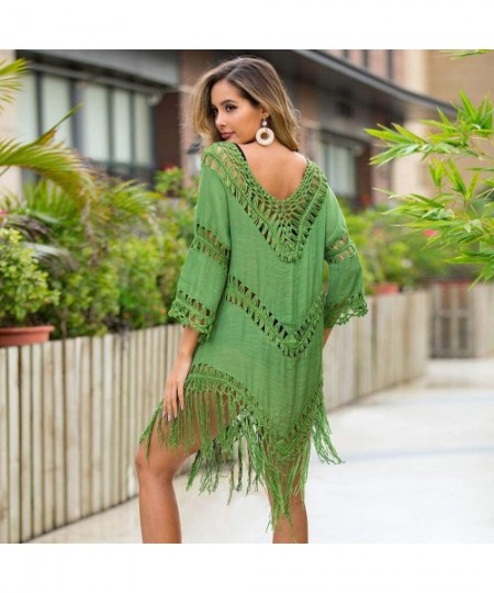 Cover-Ups Women's Crochet Swimsuit Cover Up Hollow Out Flare Sleeve Beach Swimwear Tassel Cardigan - 116-green - CT194K8G0KH