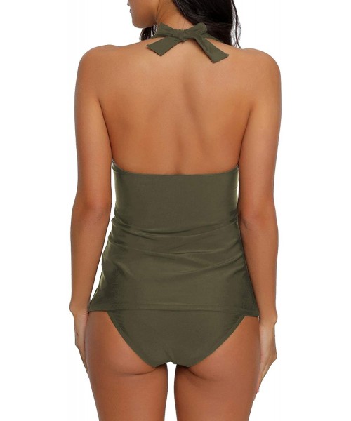 Sets Women's Halter Two Pieces Swimsuit V Neck Panel Open Back Tankini Set - Army Green - C918T9CU6GK