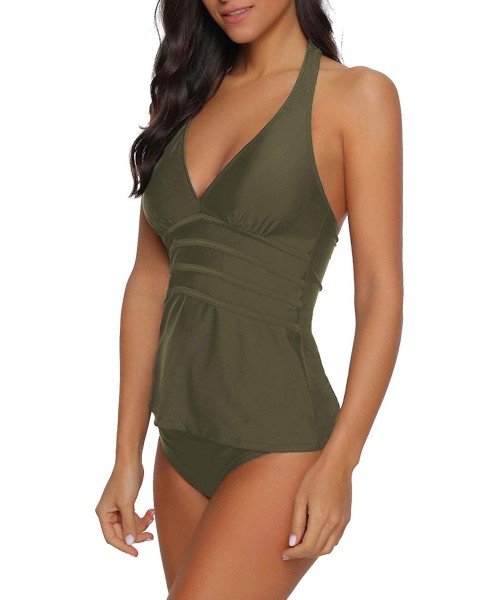 Sets Women's Halter Two Pieces Swimsuit V Neck Panel Open Back Tankini Set - Army Green - C918T9CU6GK