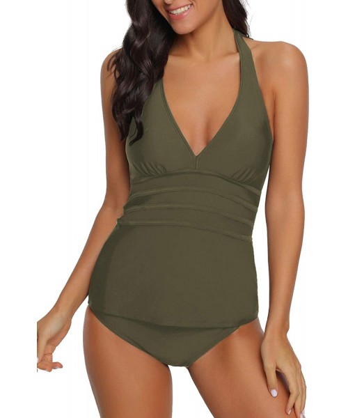 Sets Women's Halter Two Pieces Swimsuit V Neck Panel Open Back Tankini Set - Army Green - C918T9CU6GK