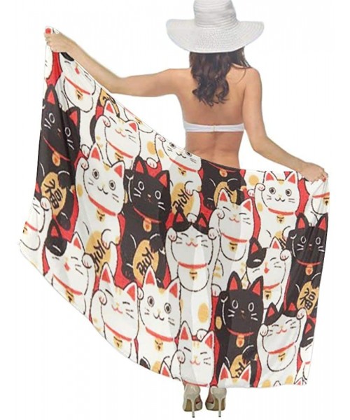 Cover-Ups Women Chiffon Sarong Beach Swimsuit Bikini Cover Up Fashion Shawl Wrap - Lucky Cat - CP196S05R8W