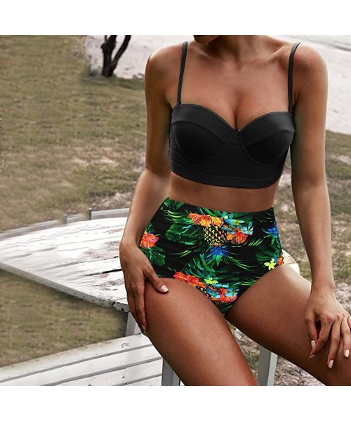 Sets Women High Waist Bikinis Swimwear Swimuit Female Retro Beachewear Bikini Tankini Set Bathing Suits - Green - CI18SON8GDY