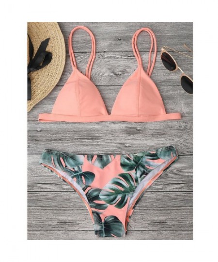 Tops Swimsuit Set for Women Leaves Print Padded Bathing Suits Straps Push-Up Bikini - Pink - C21952WR0AS