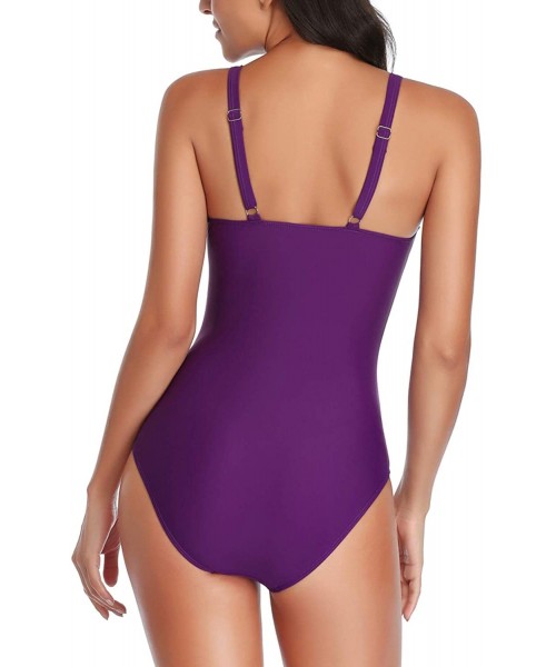 One-Pieces Tummy Control Swimwear Black One Piece Slimming Vintage Swimsuit Padded Push Up Bathing Suits for Women - Purple -...