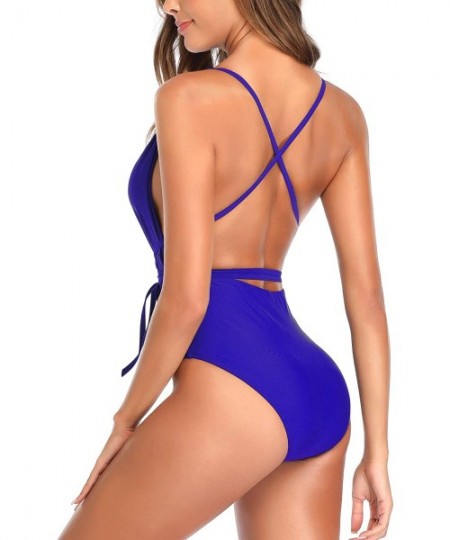 One-Pieces Women Plunge Monokini Floral One Piece Swimsuit V Neck Swimwear Sexy Bathing Suit - Royal Blue - C5192S3IXLK