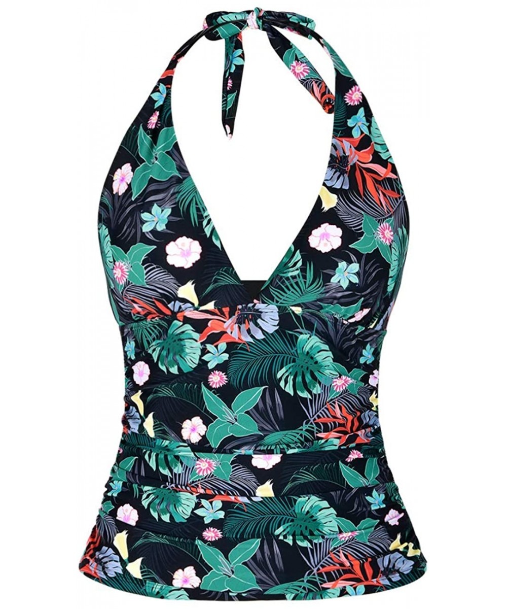 Tops Women's Plunging V Neck Halter Swim Tops Shirred Tankini Top - Leaves&flowers - CA19DYUM7NS