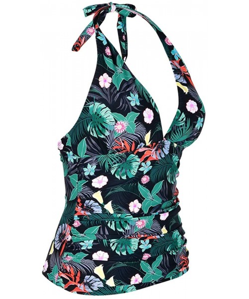 Tops Women's Plunging V Neck Halter Swim Tops Shirred Tankini Top - Leaves&flowers - CA19DYUM7NS