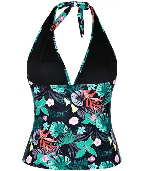 Tops Women's Plunging V Neck Halter Swim Tops Shirred Tankini Top - Leaves&flowers - CA19DYUM7NS