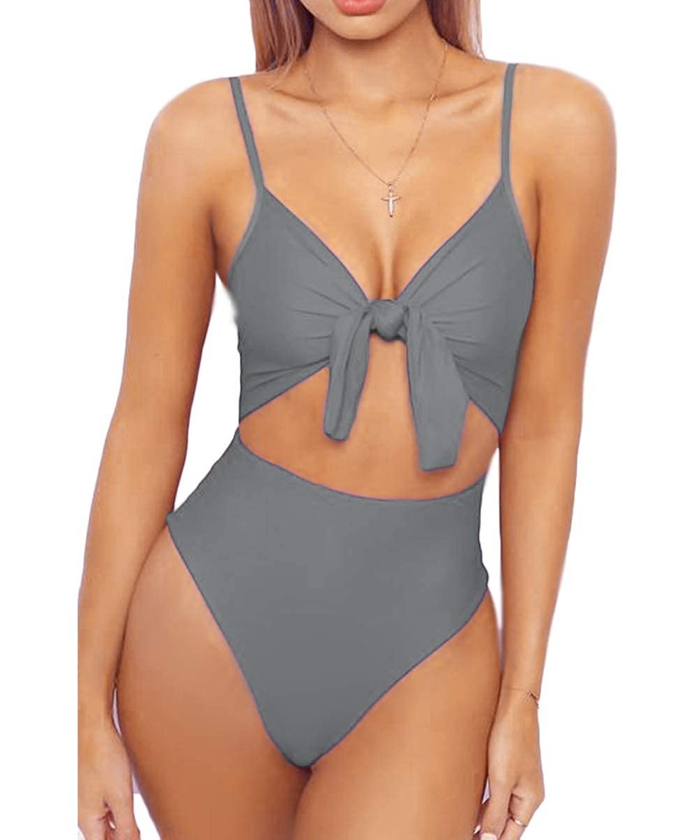 One-Pieces Womens Spaghetti Strap Tie Knot Front Cutout High Cut One Piece Swimsuit - Grey - C718W5R3TG6