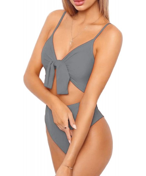 One-Pieces Womens Spaghetti Strap Tie Knot Front Cutout High Cut One Piece Swimsuit - Grey - C718W5R3TG6