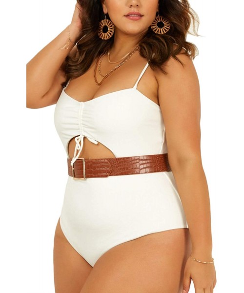 One-Pieces Women's Plus Size High Waist One Piece Swimwear Cutout Padded Monokini Tummy Control Bikini Beach Swimsuit White -...