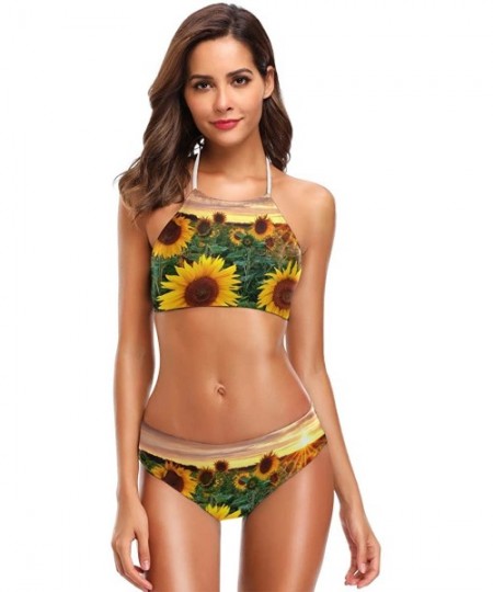 Sets American Flag Bikini Swimsuit Womens High Neck Halter Two Piece Bathing Suit - Sunflower Field - C418RROGYYL