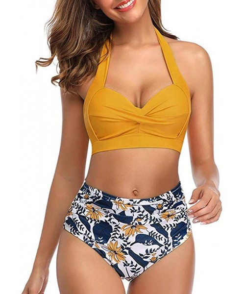 Sets Women Teen Girls Bohemia High Waisted Bikini Set Halter Swimsuit Swimwear Suits - Halter - Yellow - C91952O7GDQ