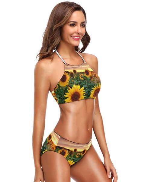 Sets American Flag Bikini Swimsuit Womens High Neck Halter Two Piece Bathing Suit - Sunflower Field - C418RROGYYL