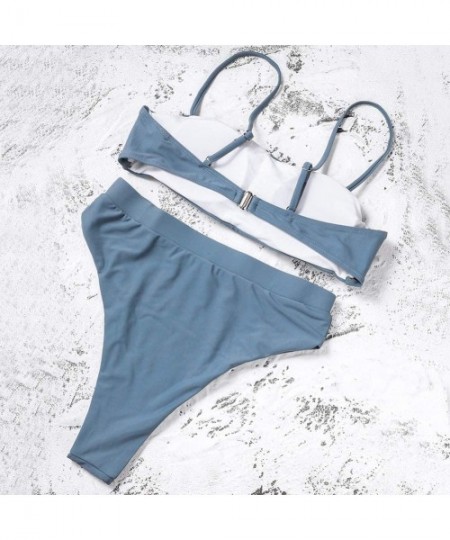 Sets Bikinis High Waisted Bikini Set Sexy Solid Bikini 2 Piece Swimsuit Bathing Suits for Women - Grayblue - CD18QOQWG8Q