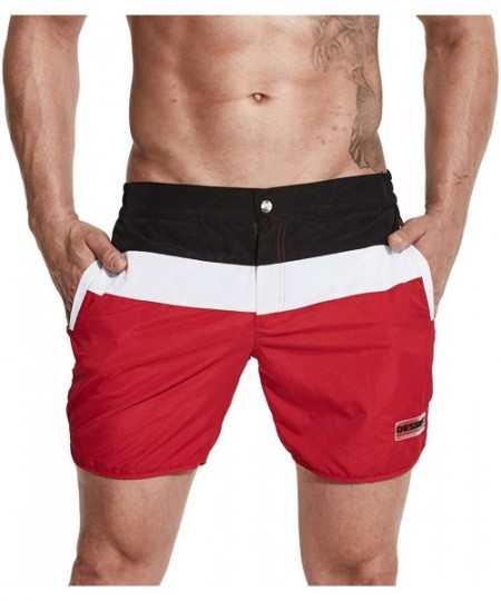 Board Shorts Men's Pocket Board Shorts Bold Striped Loose Swimwear Quick Dry Beachwear - Red - C9197X898HA