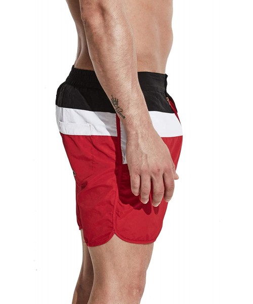 Board Shorts Men's Pocket Board Shorts Bold Striped Loose Swimwear Quick Dry Beachwear - Red - C9197X898HA