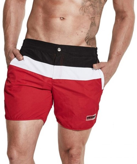 Board Shorts Men's Pocket Board Shorts Bold Striped Loose Swimwear Quick Dry Beachwear - Red - C9197X898HA