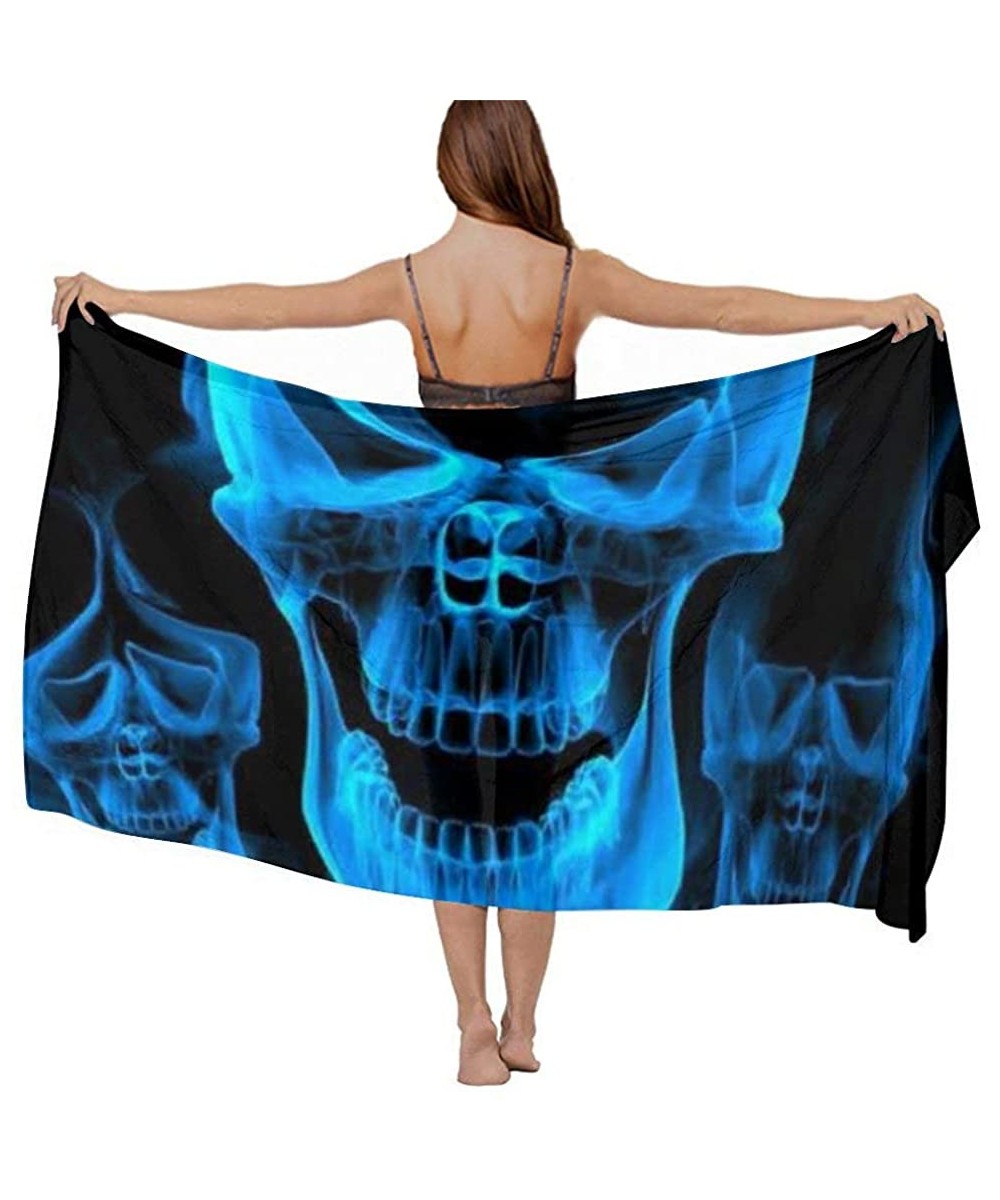 Cover-Ups Women Chiffon Scarf Shawl Wrap Sunscreen Beach Swimsuit Bikini Cover Up - Blue Burnning Flame Skeleton Skull Head -...