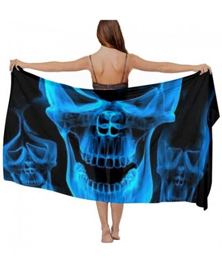 Cover-Ups Women Chiffon Scarf Shawl Wrap Sunscreen Beach Swimsuit Bikini Cover Up - Blue Burnning Flame Skeleton Skull Head -...