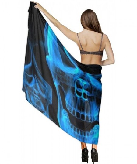 Cover-Ups Women Chiffon Scarf Shawl Wrap Sunscreen Beach Swimsuit Bikini Cover Up - Blue Burnning Flame Skeleton Skull Head -...