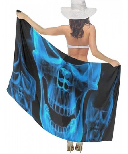 Cover-Ups Women Chiffon Scarf Shawl Wrap Sunscreen Beach Swimsuit Bikini Cover Up - Blue Burnning Flame Skeleton Skull Head -...