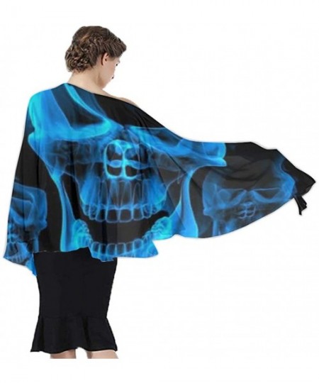 Cover-Ups Women Chiffon Scarf Shawl Wrap Sunscreen Beach Swimsuit Bikini Cover Up - Blue Burnning Flame Skeleton Skull Head -...