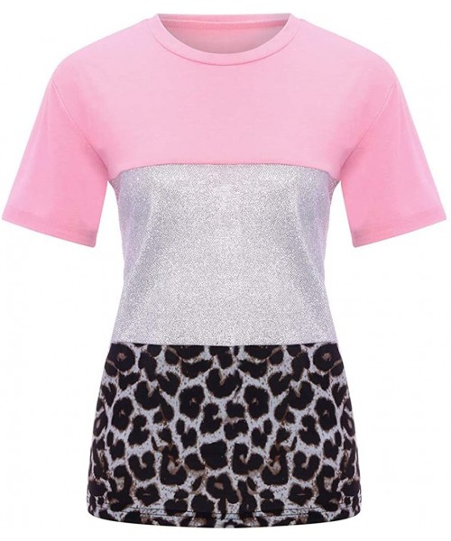 Rash Guards Leopard Print Tops for Women Casual Short Sleeve T Shirts O Neck Sequin Tunic Elegant Tops - Za-pink - CH1973EMSTI