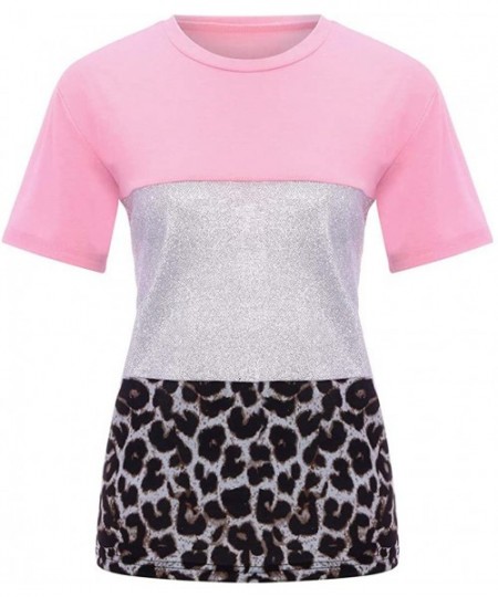 Rash Guards Leopard Print Tops for Women Casual Short Sleeve T Shirts O Neck Sequin Tunic Elegant Tops - Za-pink - CH1973EMSTI