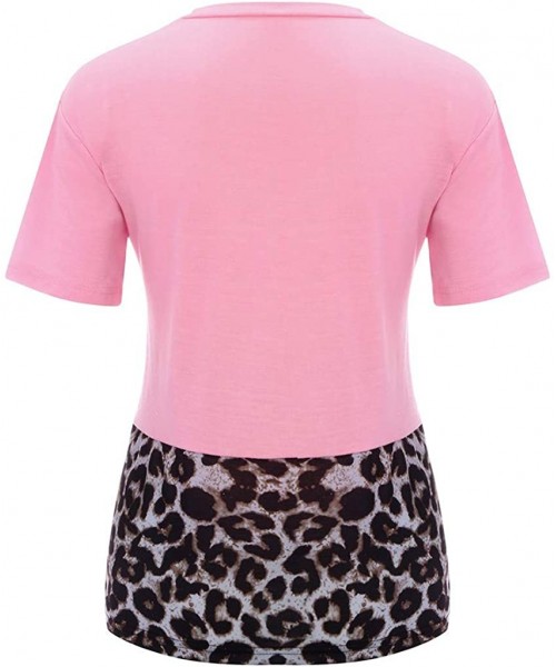 Rash Guards Leopard Print Tops for Women Casual Short Sleeve T Shirts O Neck Sequin Tunic Elegant Tops - Za-pink - CH1973EMSTI