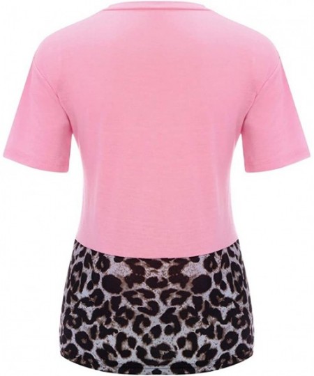 Rash Guards Leopard Print Tops for Women Casual Short Sleeve T Shirts O Neck Sequin Tunic Elegant Tops - Za-pink - CH1973EMSTI