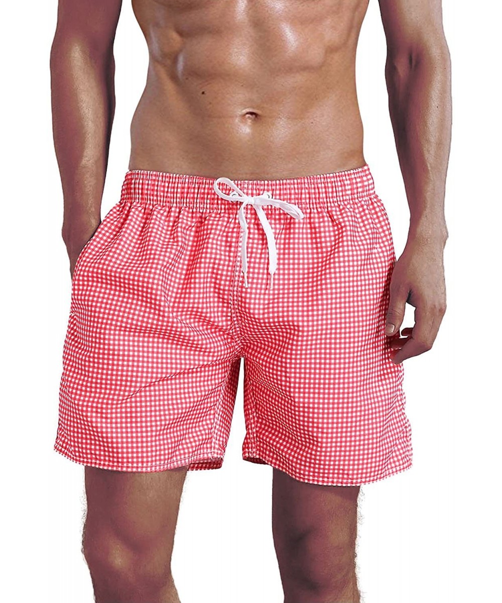 Board Shorts Men's Swim Trunk - Plaid Red - CU184KI76Q4