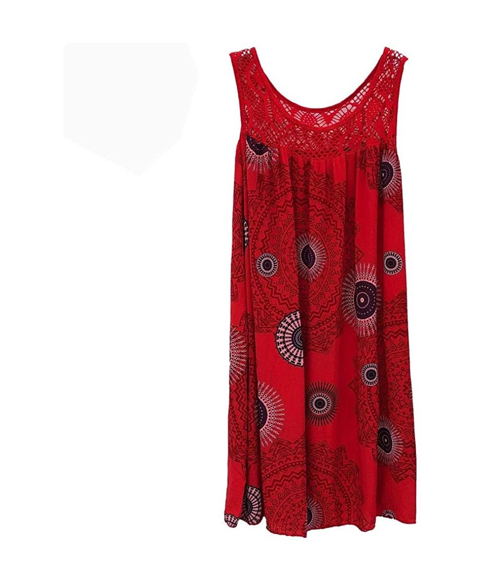 Bottoms Women's Fashion Lace Stitching Print Sleeveless Dress - A-red - CQ18U8IW8Q3