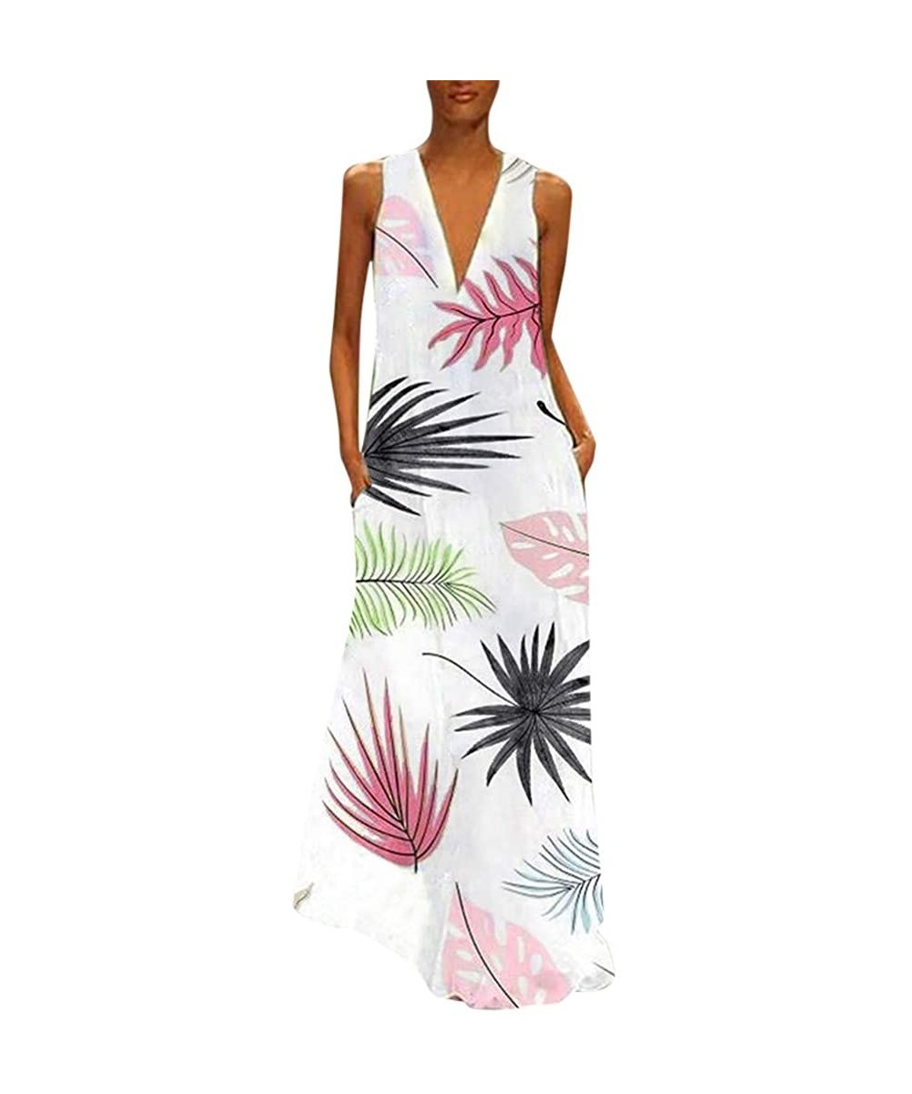 Cover-Ups Women's Sleeveless Long Maxi Dress Boho V Neck Vintage Floral Printed Summer Casual Loose Party Tank Dresses Z5 whi...