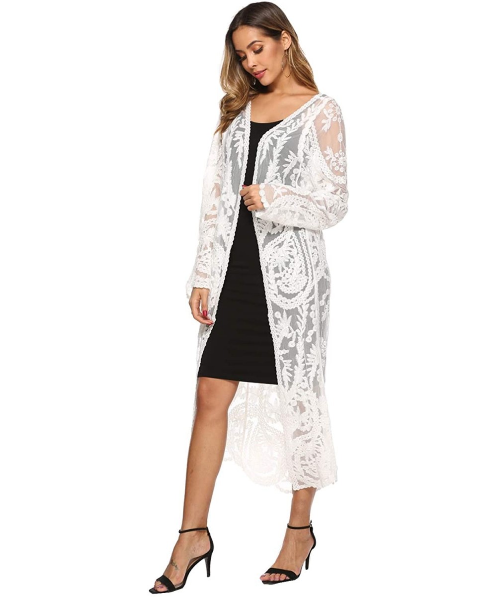 Cover-Ups Women's Lace Cardigan Floral Crochet Sheer Beach Bikini Cover Ups Long Open Kimono - A-white 3 - CY18WQNL9TT