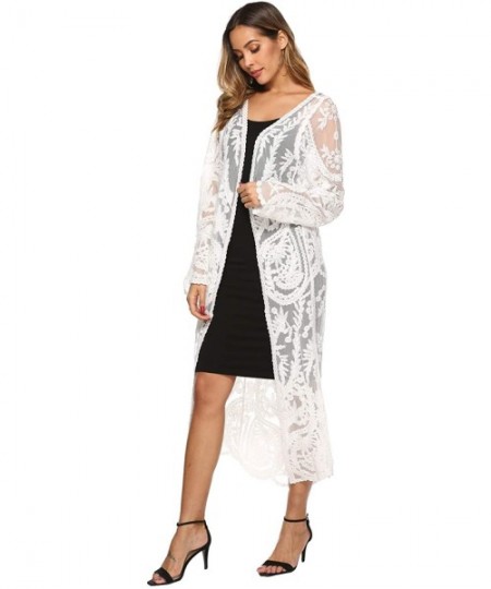 Cover-Ups Women's Lace Cardigan Floral Crochet Sheer Beach Bikini Cover Ups Long Open Kimono - A-white 3 - CY18WQNL9TT