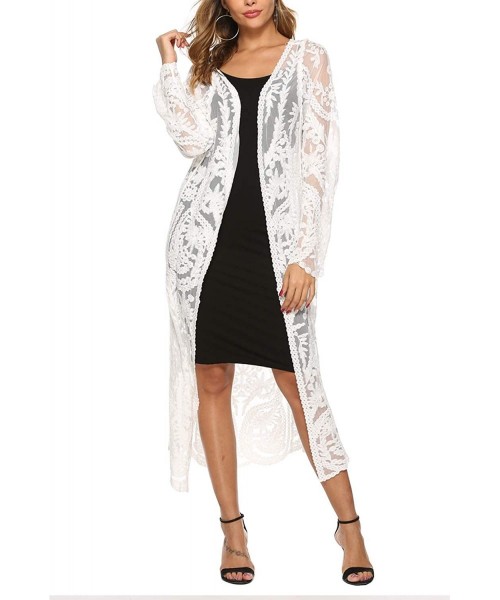 Cover-Ups Women's Lace Cardigan Floral Crochet Sheer Beach Bikini Cover Ups Long Open Kimono - A-white 3 - CY18WQNL9TT