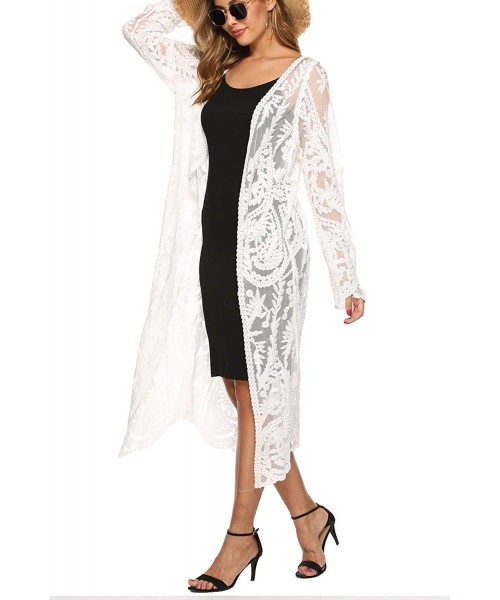 Cover-Ups Women's Lace Cardigan Floral Crochet Sheer Beach Bikini Cover Ups Long Open Kimono - A-white 3 - CY18WQNL9TT