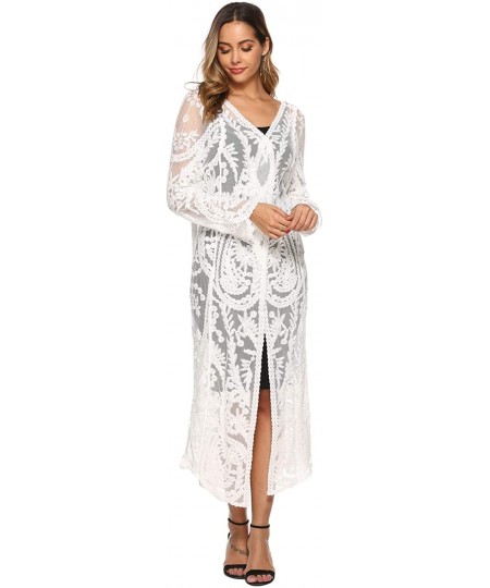 Cover-Ups Women's Lace Cardigan Floral Crochet Sheer Beach Bikini Cover Ups Long Open Kimono - A-white 3 - CY18WQNL9TT