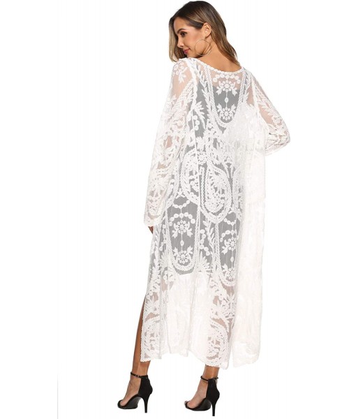 Cover-Ups Women's Lace Cardigan Floral Crochet Sheer Beach Bikini Cover Ups Long Open Kimono - A-white 3 - CY18WQNL9TT