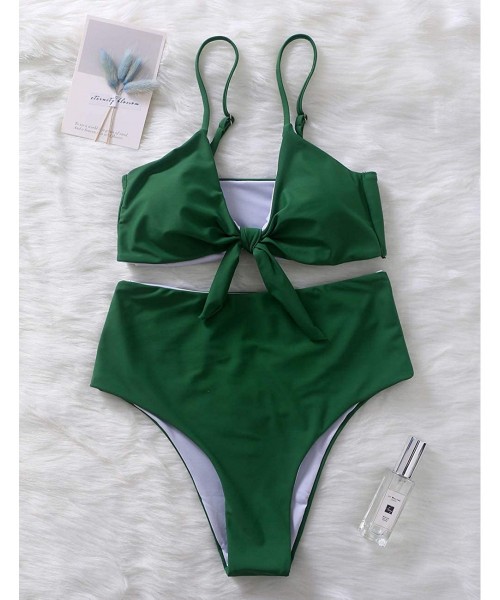 Sets Bikini Swimwear Womens High Waisted Two Piece Swimsuit Tie Knot High Cut Bathing Suit for Women - Green - C618OYYME2H